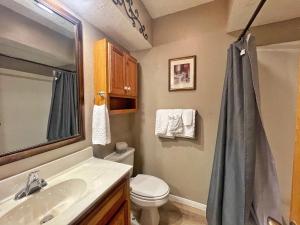 un bagno con lavandino, WC e specchio di Valley Condo 106 - Creekside - WiFi - Hot Tub - Fireplace - Washer - Dryer - Playground a Red River