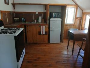 a kitchen with a stove and a refrigerator and a table at Big Bear Lake - Tulip Lane Cabin #22 in Big Bear Lake