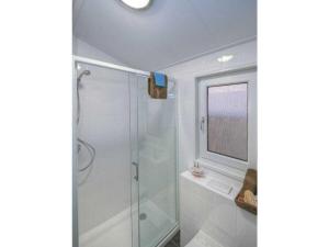 a bathroom with a glass shower and a window at Mobile home Chatel 'Hotelzimmer' in Fehmarn