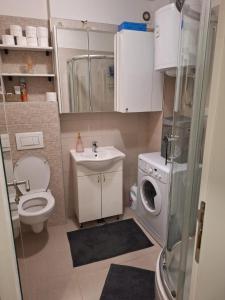a small bathroom with a toilet and a washing machine at Apartment UNAone Sarajevo in Sarajevo