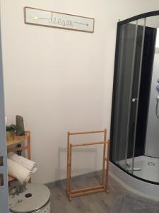 Raon-lʼÉtapeにあるUne étape à Raonのバスルーム(シャワー、壁に鏡付)