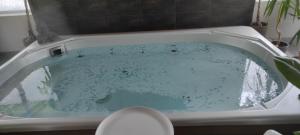 y baño con bañera de agua azul. en Mobil home agreable et fonctionnel, en Besse-et-Saint-Anastaise 7 fotos más