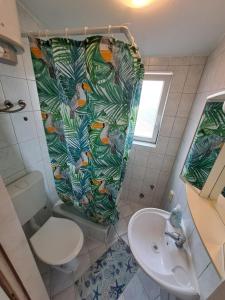 a bathroom with a shower curtain with a toilet and a sink at Dejan Apartments-Top centar-Old town-Low budget Studios in Pula +98 photos