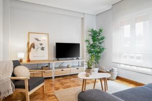 Una sala de estar con televisión y un sofá. en Apartamento Tres Mares, en Gijón