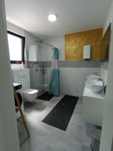 a bathroom with a sink and a toilet and a shower at Apartmani Kasa in Rap