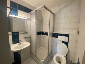 un bagno con doccia, WC e lavandino di Café du Soleil a Saignelégier