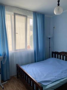 a bedroom with a bed and a window with blue curtains at Guesthouse Mirabela in Shekhvetili