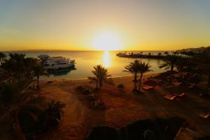 a sunset over a marina with a boat in the water at Regina Resort and Aqua Park Hurghada in Hurghada