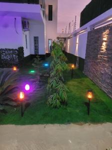 a garden at night with lights on the grass at Burj chambre in Ndiorhorh