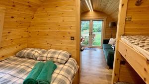 a bedroom with two beds in a wooden cabin at MTB Jumps View Pod in Trawsfynydd