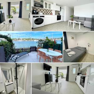 un collage di foto di una cucina e di un soggiorno di Au bord de l'eau - Appartement cosy au Cap d'Agde a Cap d'Agde