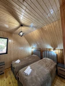 a bedroom with two beds in a wooden cabin at Triangle house in Areni +16 photos