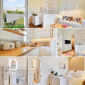un collage de fotos de una cocina y una sala de estar en Lovely Studio, en Boulogne-Billancourt