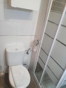 a bathroom with a toilet and a glass shower at 3F, Aire Acondic, 80m2, 2 dormitorios, 4 huéspedes, WIFI GRATIS in La Línea de la Concepción +8 photos
