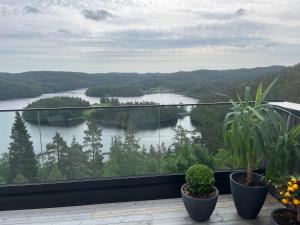 a view of a river from a balcony with plants at Arendalsuka Vacation Norway in Froland Verk