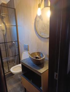 ein Badezimmer mit einer Toilette und einer Schüssel auf einer Ablage in der Unterkunft Apartment Neversea 2 in Constanţa