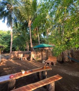 a picnic table and benches in a park with palm trees at C U Hostel in Trincomalee