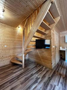 sauna z telewizorem i drewnianą ścianą w obiekcie Słoneczne Domki Pustkowo, 1 minuta do plaży, w mieście Pustkowo