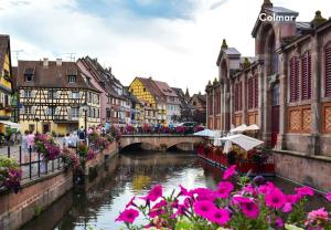 a river in a city with a bridge and pink flowers at Camping ClicoChic Au Clair Ruisseau in Gerstheim +56 photos