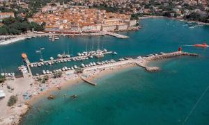 an aerial view of a beach with a harbor at Loft Apartman in Krk