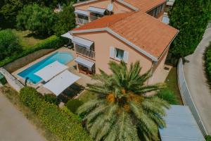 an aerial view of a house with a swimming pool and a palm tree at Villa Danex in Umag
