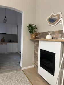 un soggiorno con camino e cucina di La Strada Central Apartament a Oradea Altre 21 foto