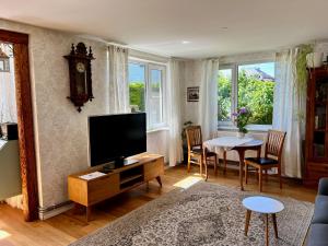 a living room with a television and a table with chairs at Private Villa with sauna, hot tub, playground and outside lounge area in Pärnu