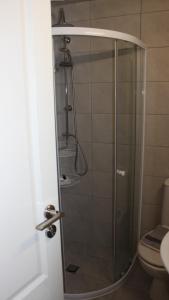 une douche avec une porte vitrée dans une salle de bain dans l'établissement A&B My Sweet Home 2, à Anatolí