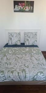a bed with a green and white comforter and pillows at Chambre mignon in Argenteuil