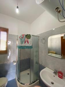 a bathroom with a shower and a sink and a toilet at Villa Pams in Baks-Rrjoll