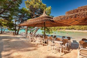 a group of chairs and umbrellas on a beach at Pine Beach Bungalows all inclusive in Pakoštane