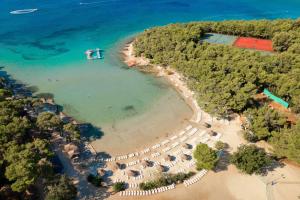 an aerial view of a beach with a boat in the water at Pine Beach Mobile homes all inclusive in Pakoštane