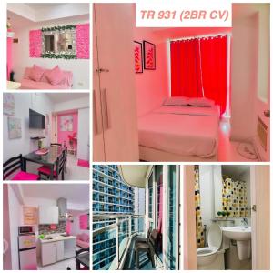 een collage van vier foto's van een roze kamer bij MicasaAzure77 in Manilla