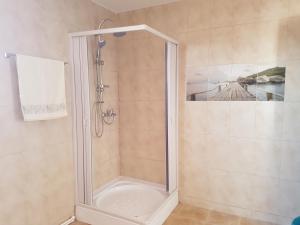 a shower with a glass door in a bathroom at Casa Geo in Vadu +1 photo