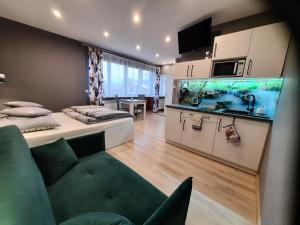 a kitchen with a fish tank in the middle of a room at Apartamenty Pokoje Lawenda Wisła in Wisła