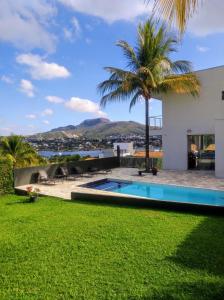 a backyard with a swimming pool and palm trees at Pousada Vale do Sol Capitólio in Capitólio