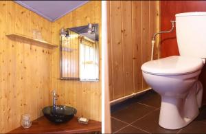 a bathroom with a toilet in a wooden wall at Charmante Péniche - Séjour atypique Nantes in Nantes