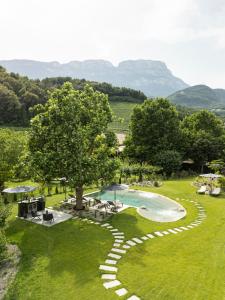 an aerial view of a backyard with a pool and trees at Belia Lofts - ADULTS ONLY - Apartments in Appiano sulla Strada del Vino