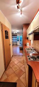 eine Küche mit einem Waschbecken und eine Tür zum Wohnzimmer in der Unterkunft Apartament NELA in Krynica Morska