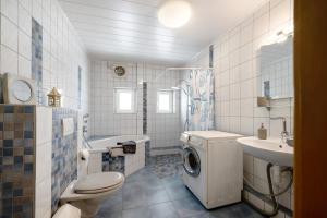 a bathroom with a washing machine and a sink at Ferienwohnung Wiesental in Meisburg +18 photos