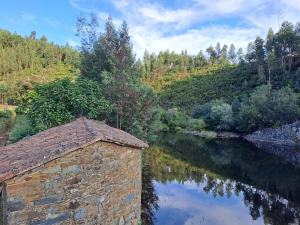 een stenen muur naast een rivier met bomen bij Vista Castelo in Sertã