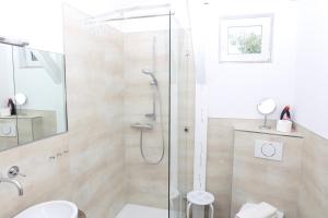 a bathroom with a shower and a toilet at Landleev - Bauernhof "Hofbude Fehmarn" in Fehmarn