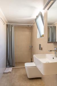 een badkamer met een wastafel, een toilet en een douche bij Myra city House in Chania +27 foto's