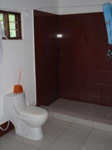 a bathroom with a toilet and a shower at Ramblers Dive Hostel in Utende