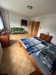 a bedroom with a large bed and a green couch at -Self-Check- 4-Room Extra large house in Nitra