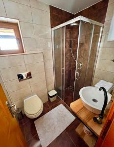 a bathroom with a shower and a toilet and a sink at Brvnare Sekulic in Sekulić  +28 photos