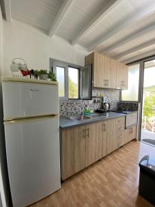 a kitchen with a white refrigerator and wooden cabinets at Garden Rooms in Himare