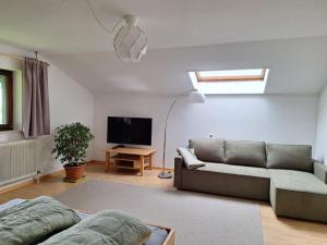 a living room with a couch and a flat screen tv at Gaisberg Blick Ferienwohnung in Guggenthal