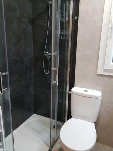ein Badezimmer mit Toilette und Glasdusche in der Unterkunft Donosti House con Parking ESS in San Sebastián