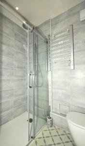 a bathroom with a shower and a toilet and a sink at les 2 dauphins in Le Barcarès